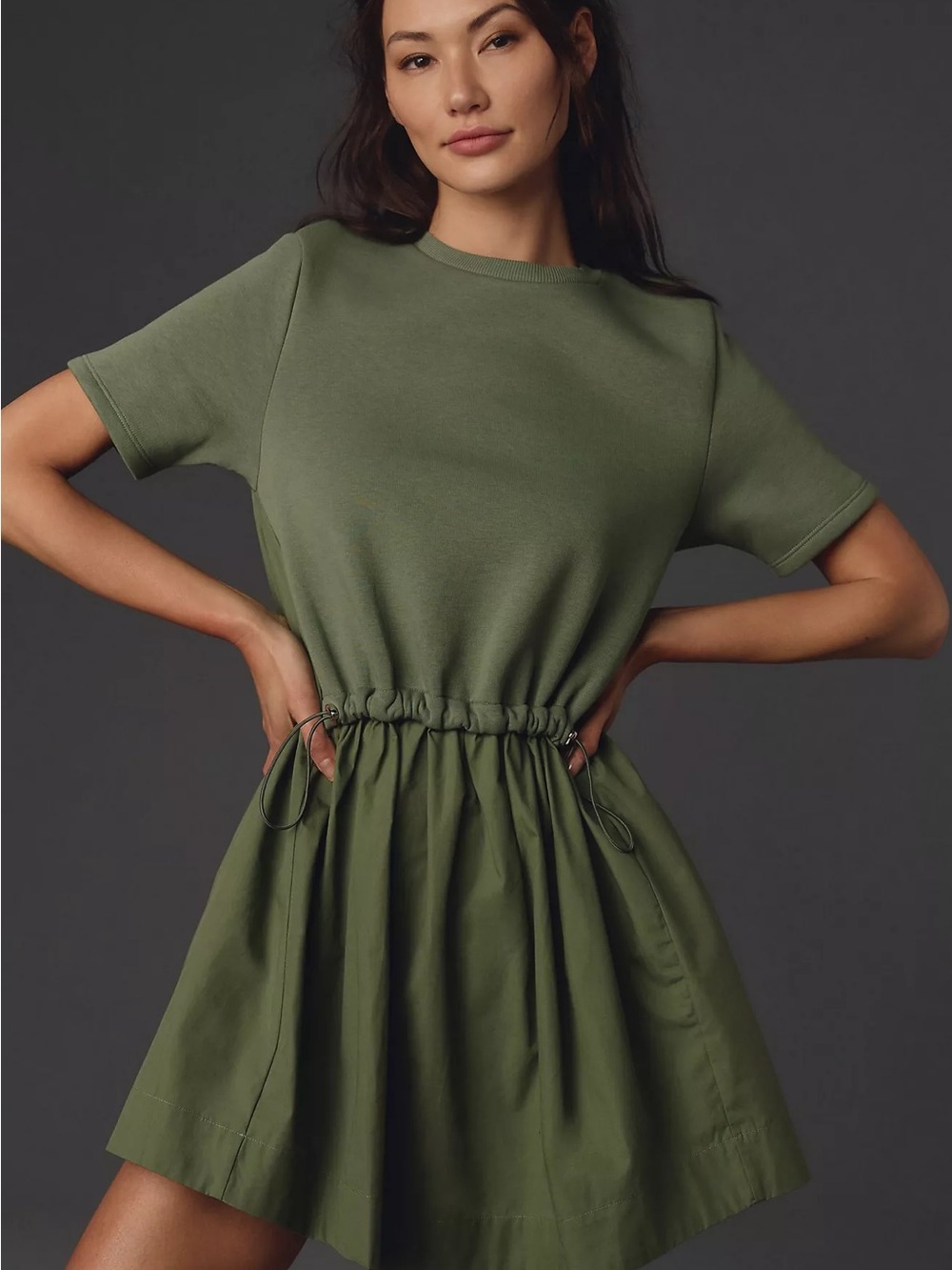 Anthropologie Olive Drawstring Waist Short Sleeve Dress